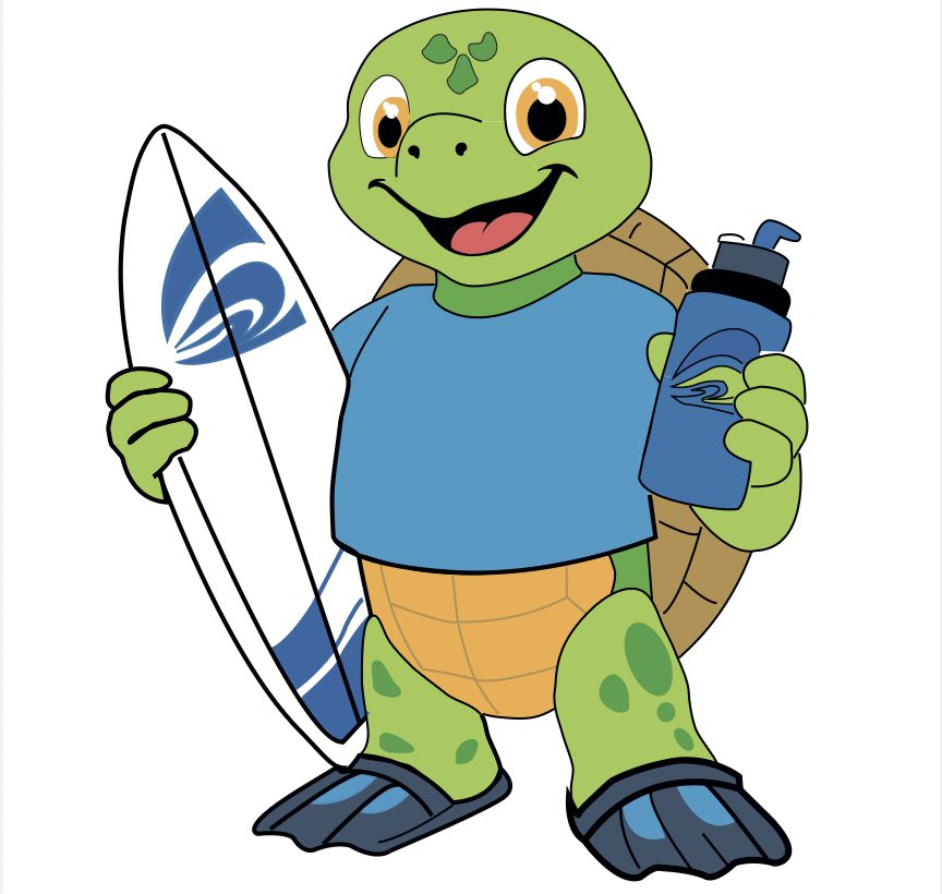 Illustrierte Cartoon-Schildkröte als Maskottchen, mit Surfboard und Trinkflasche
